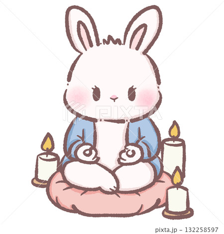Adorable bunny meditating with candles cozy winter illustration pastel kawaii art calm hygge aesthetic hand drawn character for stickers and planners 132258597