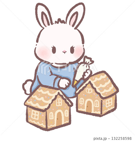 Cute bunny decorating gingerbread houses cozy winter illustration kawaii pastel art hand drawn holiday baking character for cards and crafts 132258598