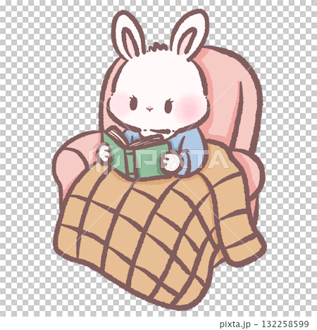 Adorable bunny reading a book on cozy armchair pastel winter illustration kawaii art hygge aesthetic hand drawn character for cards and crafts 132258599