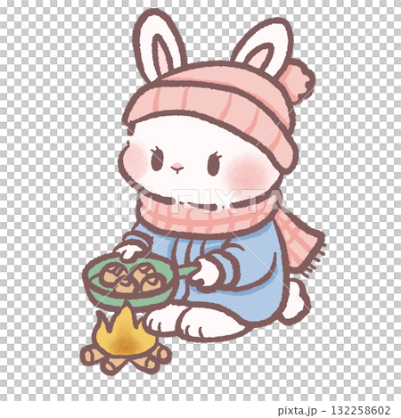 Adorable bunny roasting chestnuts by fire cozy winter illustration kawaii pastel art hand drawn hygge outdoor camping character for cards and stickers 132258602