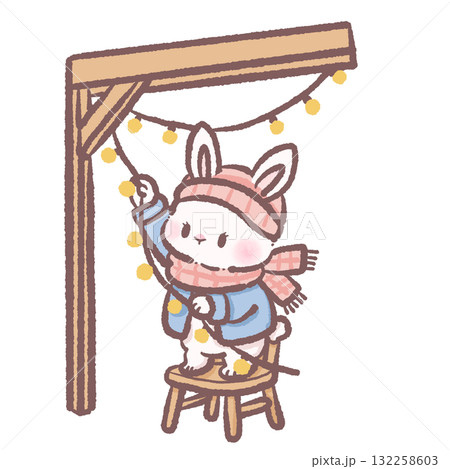 Cute winter bunny decorating with string lights cozy pastel illustration soft kawaii art hand drawn character for cards planners and crafts 132258603