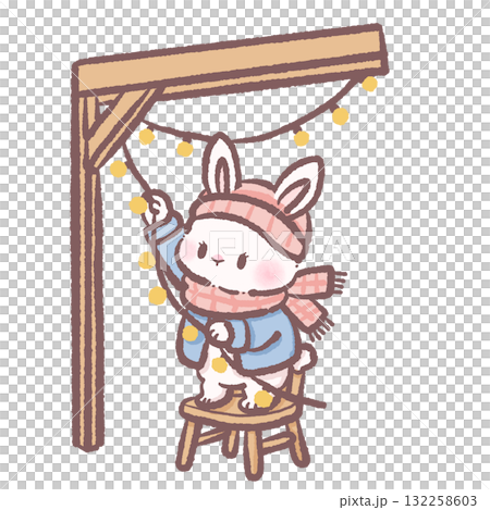 Cute winter bunny decorating with string lights cozy pastel illustration soft kawaii art hand drawn character for cards planners and crafts 132258603