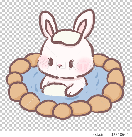 Sweet bunny soaking in hot spring cozy winter illustration kawaii pastel art hand drawn warm bath relaxation hygge character for cards and decorations 132258604