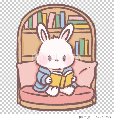 Adorable bunny reading a book in cozy nook pastel winter aesthetic cute animal illustration hygge hand drawn art for cards and decorations 132258605