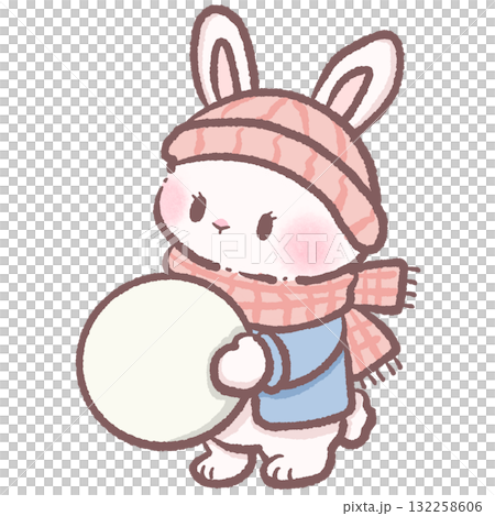 Cute winter bunny holding snowball cozy illustration soft pastel aesthetic kawaii animal art hand drawn style wintertime character for cards and crafts 132258606