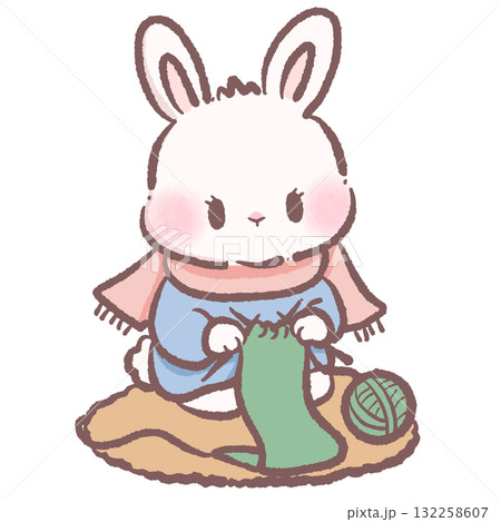 Sweet winter bunny knitting a scarf cozy pastel illustration kawaii animal art hygge aesthetic hand drawn character for stickers and crafts 132258607