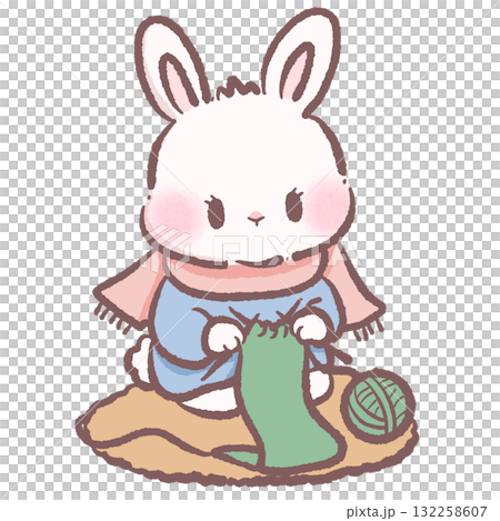 Sweet winter bunny knitting a scarf cozy pastel illustration kawaii animal art hygge aesthetic hand drawn character for stickers and crafts 132258607