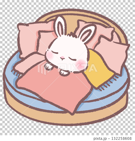 Adorable bunny sleeping on cozy bed illustration soft pastel winter aesthetic cute animal art hygge nap time character for cards planners and decorations 132258608