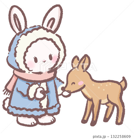 Sweet winter bunny feeding deer illustration soft pastel cozy aesthetic cute animal art friendship woodland character for cards stickers and crafts Sweet winter bunny feeding deer illustration soft pastel cozy aesthetic cute animal art friendship woodland character for cards stickers and crafts 132258609