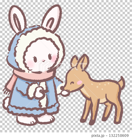 Sweet winter bunny feeding deer illustration soft pastel cozy aesthetic cute animal art friendship woodland character for cards stickers and crafts 132258609