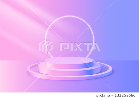 Purple gradient round podium stand with spotlight, 3D pedestal, platform for product presentation vector background 132258660