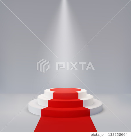 White 3D podium with steps and a red carpet, round shape, spotlight, gray studio room. White 3D podium with steps and a red carpet, round shape, spotlight, gray studio room. 132258664