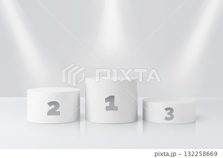 Realistic 3D white cylindrical podiums with the numbers 1, 2, and 3, spotlights. Realistic 3D white cylindrical podiums with the numbers 1, 2, and 3, spotlights. 132258669