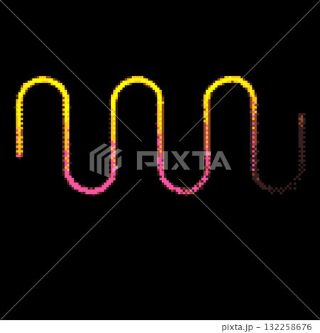 Yellow and pink gradient undulating stroke vector pixel art on black background, neon wavy line squared contour Yellow and pink gradient undulating stroke vector pixel art on black background, neon wavy line squared contour 132258676