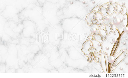 ゴールドの蘭とパールをあしらった大理石の背景 132258725