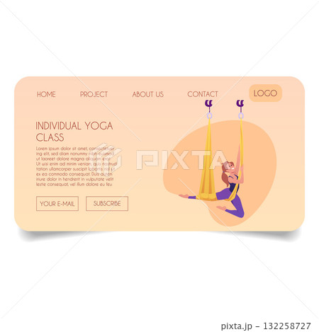 Yoga studio, individual yoga class vector flat landing page, woman practicing yoga on the hanging rope, aerial pilates 132258727