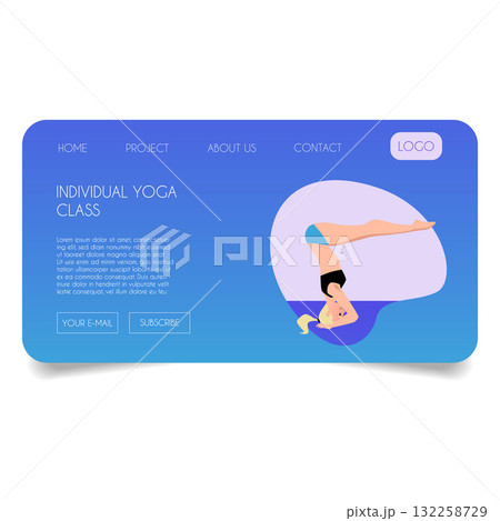 Yoga studio, individual yoga class vector advertising landing page, woman practicing yoga, headstand pose Yoga studio, individual yoga class vector advertising landing page, woman practicing yoga, headstand pose 132258729