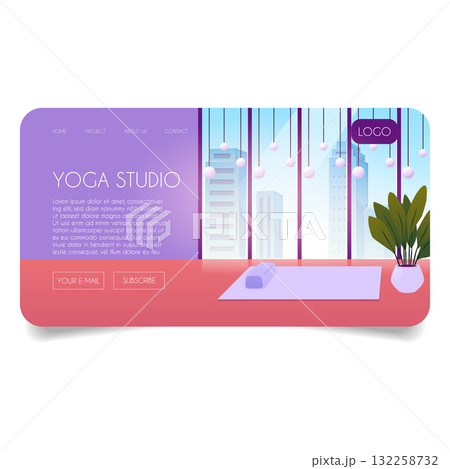 Yoga studio vector landing page advertising design, room with panoramic window, mats and potted plant, healthy lifestyle Yoga studio vector landing page advertising design, room with panoramic window, mats and potted plant, healthy lifestyle 132258732