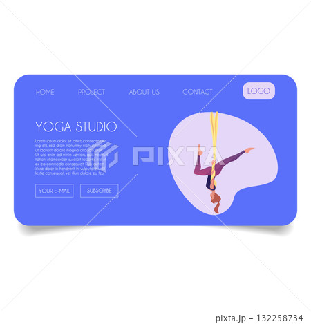 Yoga studio vector flat landing page advertising design, woman practicing yoga on the hanging rope, aerial pilates 132258734