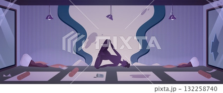 Destroyed and abandoned Yoga studio interior vector flat illustration, broken statue figure of woman in meditation pose Destroyed and abandoned Yoga studio interior vector flat illustration, broken statue figure of woman in meditation pose 132258740