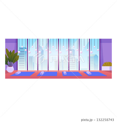 Yoga studio interior vector flat illustration, empty room with panoramic window, blue mats on floor and potted plant 132258743