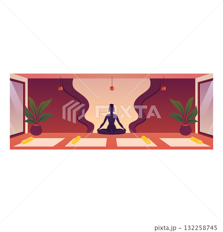 Yoga studio interior vector flat illustration, empty room with statue figure of a woman in a meditation pose, mats 132258745