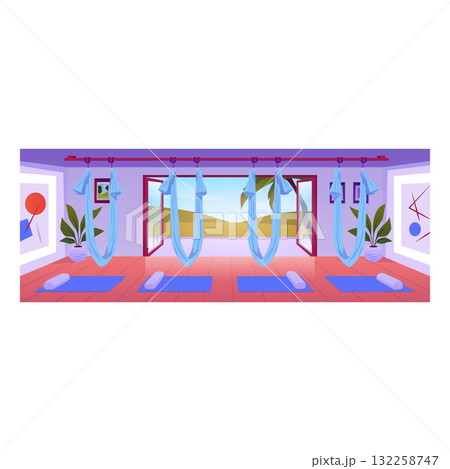 Yoga studio interior with hammocks, mats, and open panoramic windows. Yoga studio interior with hammocks, mats, and open panoramic windows. 132258747