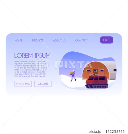 Arctic exploration, Polar expedition vector landing page, scientific North Pole base with hangar, vehicle and explorer Arctic exploration, Polar expedition vector landing page, scientific North Pole base with hangar, vehicle and explorer 132258753