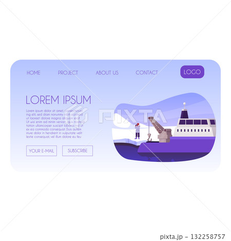 Arctic exploration, Polar expedition landing page vector flat design, explorer looking through binoculars, ice breaker 132258757