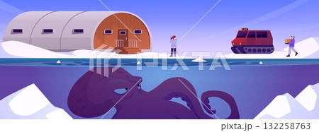 Polar research station, people, building, vehicle, snowy landscape, huge octopus underwater. 132258763