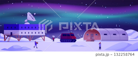 Polar expedition station on North Pole at night northern lights, vector flat Arctic landscape with buildings, vehicles Polar expedition station on North Pole at night northern lights, vector flat Arctic landscape with buildings, vehicles 132258764