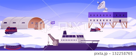Polar expedition station on North Pole flat vector, Arctic landscape with ice breaker, buildings, vehicles, Polar bear Polar expedition station on North Pole flat vector, Arctic landscape with ice breaker, buildings, vehicles, Polar bear 132258765