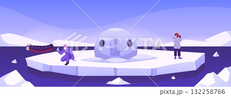 Arctic exploration on an ice floe, vector flat Polar expedition, scientific people studying of Antarctica and North Pole 132258766