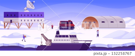 Antarctic polar station with buildings, people, equipment, and a ship. 132258767