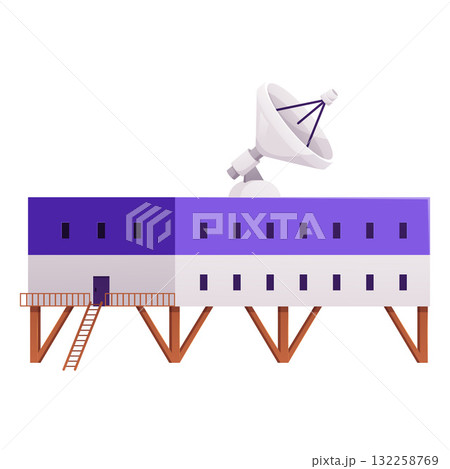 Polar expedition station, vector flat scientific base on North Pole, Arctic building on piles, ladder and satellite dish Polar expedition station, vector flat scientific base on North Pole, Arctic building on piles, ladder and satellite dish 132258769