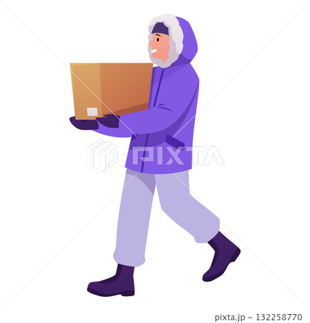 Scientist explorer character in warm winter outfit, man carries cardboard box, vector flat Arctic Polar expedition staff 132258770