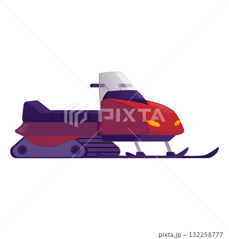 A snowmobile with a red body and skis, a winter vehicle, side view. 132258777