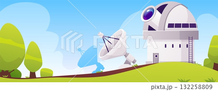 Panoramic view of an observatory building with a dome, telescope, and antenna, among green trees. Panoramic view of an observatory building with a dome, telescope, and antenna, among green trees. 132258809