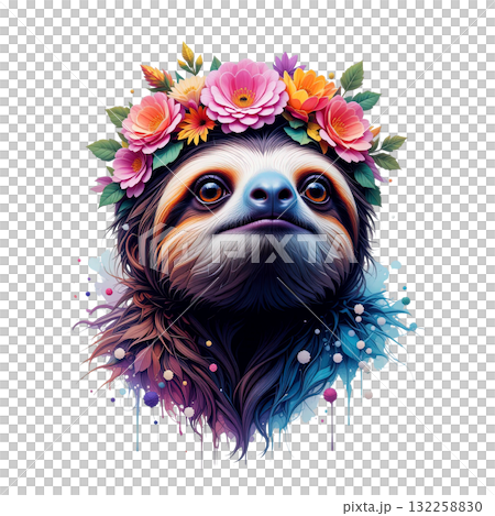 Close-up of a cute sloth wearing a colorful floral crown, illustrated in a soft, dreamy watercolor style with drips. 132258830