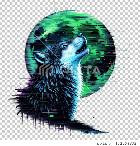 Fierce wolf howling at a glowing green moon, captured with a futuristic, digital glitch effect and vibrant, expressive brushstrokes. 132258832