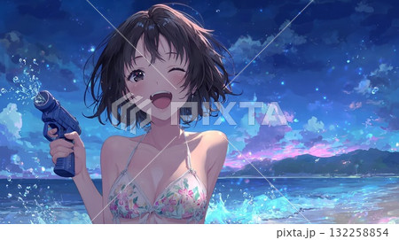 海辺でウォーターガンを打つ水着女性 132258854