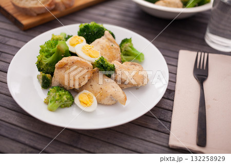 chicken breast with broccoli and quail eggs on plate for healthy dinner chicken breast with broccoli and quail eggs on plate for healthy dinner 132258929