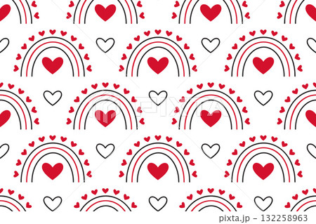 Seamless pattern with red hearts and rainbows on a white background. Flat vector design 132258963