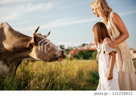 Giving flowers to the cow. Beautiful mother with her daughter on the farm 132259022