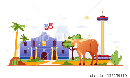 Alamo And Skylon Tower - Colorful Flat Design Illustration 132259110