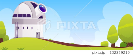 Daytime view of an observatory building with a dome, telescope, green trees, road, and blue sky. 132259219