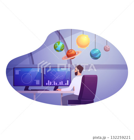 Frame with a character at an observatory computer desk, planet models on the room wall. 132259221