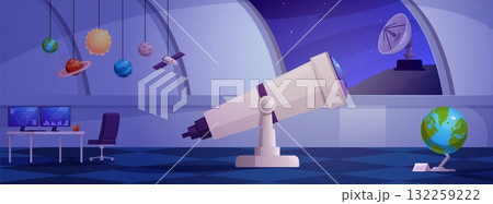 Space observatory rooftop interior with a telescope, stars in the sky, antenna, desk, and globe. Space observatory rooftop interior with a telescope, stars in the sky, antenna, desk, and globe. 132259222