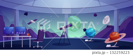 Space observatory interior with panoramic windows, desk, and telescope. Space observatory interior with panoramic windows, desk, and telescope. 132259223