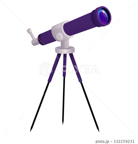 A telescope icon with a purple tripod. Optical equipment for studying space objects. A telescope icon with a purple tripod. Optical equipment for studying space objects. 132259231